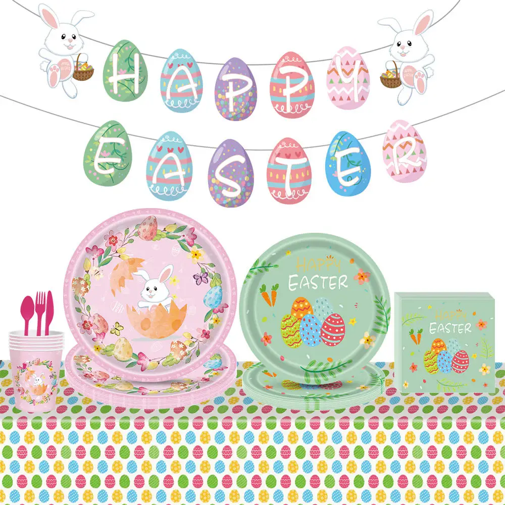 

Easter Decoration Party Disposable Cutlery Paper Plate Cup Napkin Rabbit Easter Tablecloth Birthday party Banner Baking cutlery