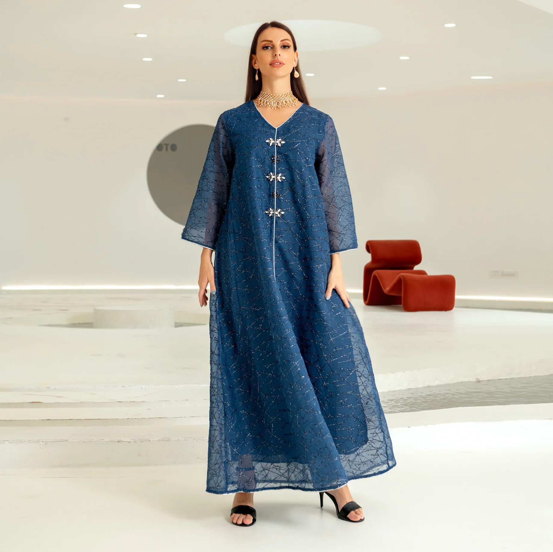 Muslim Middle Eastern Ethnic Dubai Dress Abaya Luxury Diamond Embroidery Long Sleeves Elegant Party Gowns Jalabia Arabic Robe