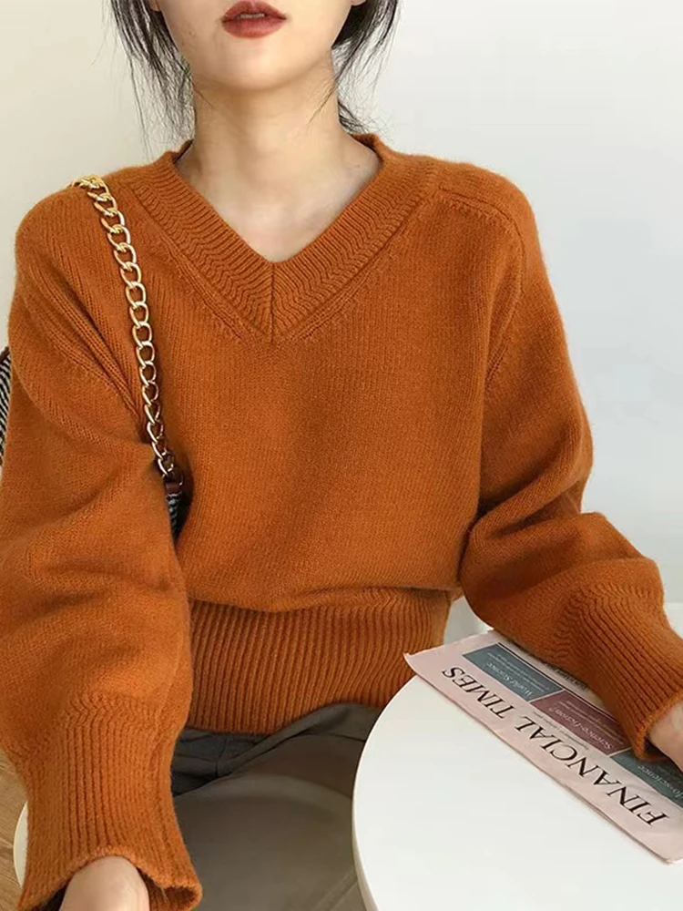 Винтажные женские свитера с v-образным вырезом на осень и зиму свободные вязаные