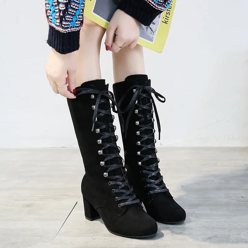 Women's Boots 2022 New Fashion High Boots Round Toe Lace-up Shoes Thick Sole High Heel Long Women's Boots Ladies Casual Shoes