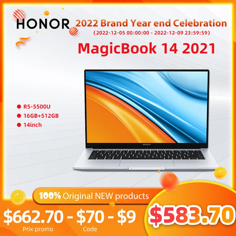  New Laptop Honor MagicBook 14 2021 [14 ",AMD R5 5500U,16G,512GB Ryzen SSD IPS Ultrabook,Win10/11Notebook 1920×1080