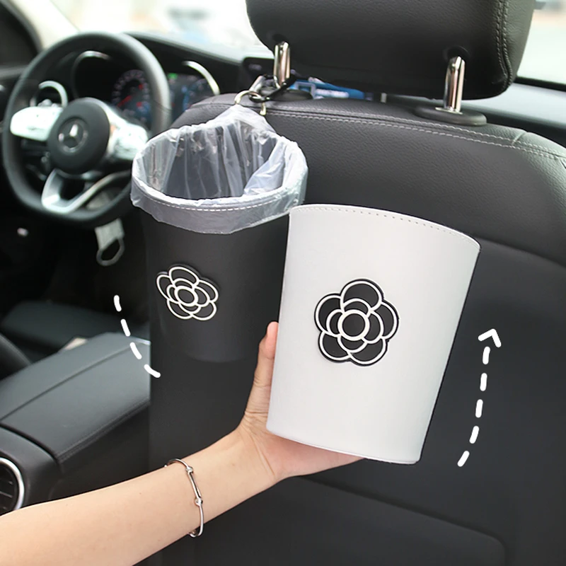 Cute Camellia Flower Car Trash Bin Can for Back Seat Headrest Mini Auto Outlet Air Vent Organizer Rubbish Bag Garbage Storage