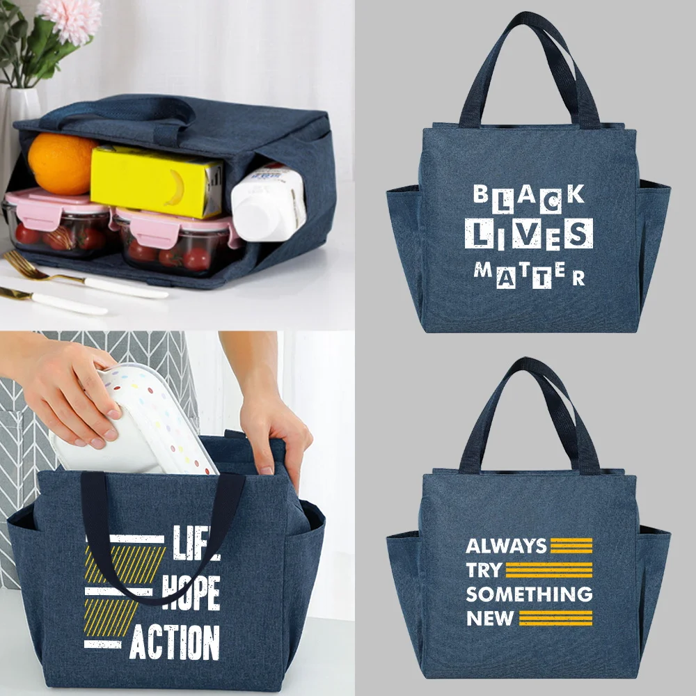 

Insulated Lunch Bag Portable School Dinner Bags Multifunction Large Capacity Phrase Series Print Picnic Cooler Thermal Food Pack