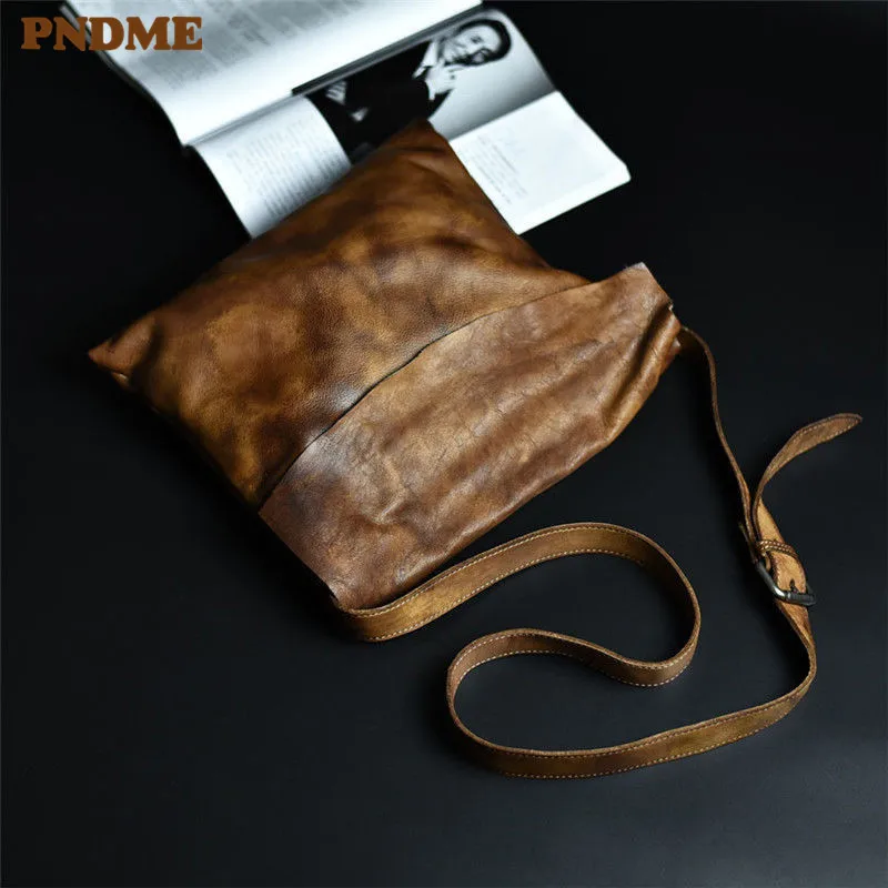 PNDME simple vintage first layer cowhide men's crossbody bag outdoor casual daily luxury natural genuine leather shoulder bag