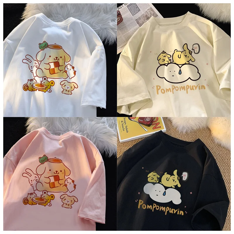 

Cute Cartoon Sanrios Pom Pom Purin Printing Children Summer T-shirt Kawaii Round Neck Loose Short Sleeved Top Kids Birthday Gift