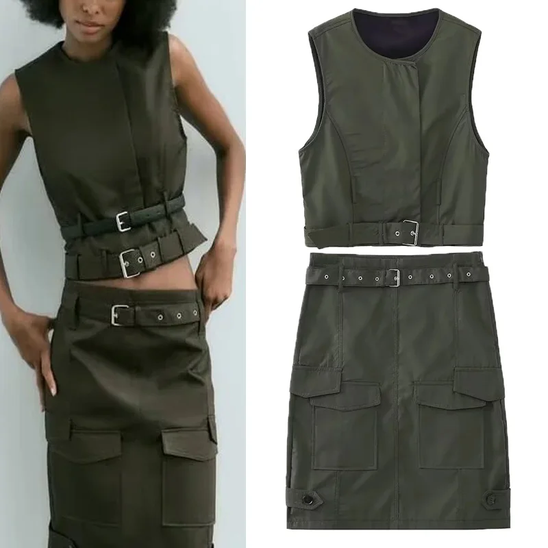 

Женский однотонный жилет с поясом TRAF, классический винтажный облегающий укороченный жилет с круглым вырезом, повседневный уличный Топ без рукавов, осень 2023