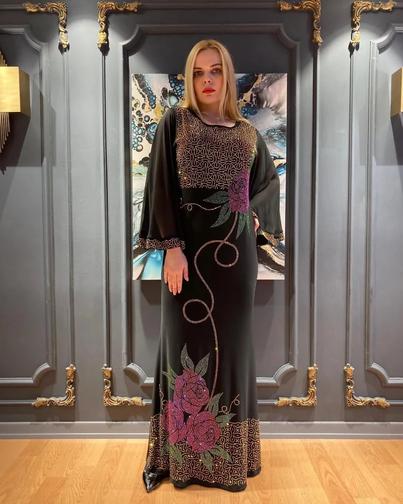 Muslim Robes Europe and America Africa Flowers Beauty Dresses Noble Temperament Dress Fashion Diamond Long Dress Party