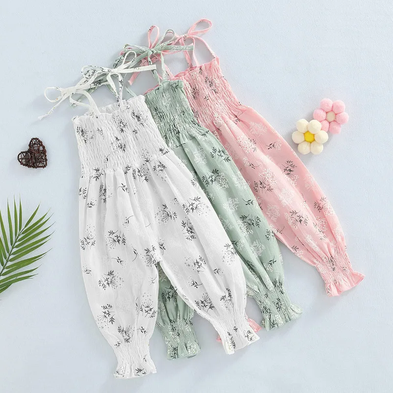 

Baby Girls Summer Jumpsuit, Floral Shoulder Straps Tie Ruched Long Romper, Toddler Girls Sling Long Pants Jumpsuit