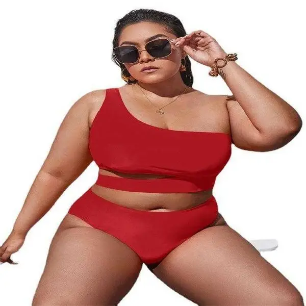 

Plus Size Fat Girl Solid Color Split Bikini Shoulder Push Up Hollow Out Swimsuit