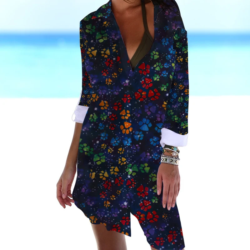 

2023 New Fashion Summer Beach Footprint Starfish Shell Loose and Comfortable Women's Shirt Y2K Sexy Button Women's Clothing