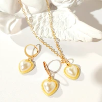 new romantic style love jewelry set for women heart shape imitation pearl pendant necklace earring set collars choker party gift