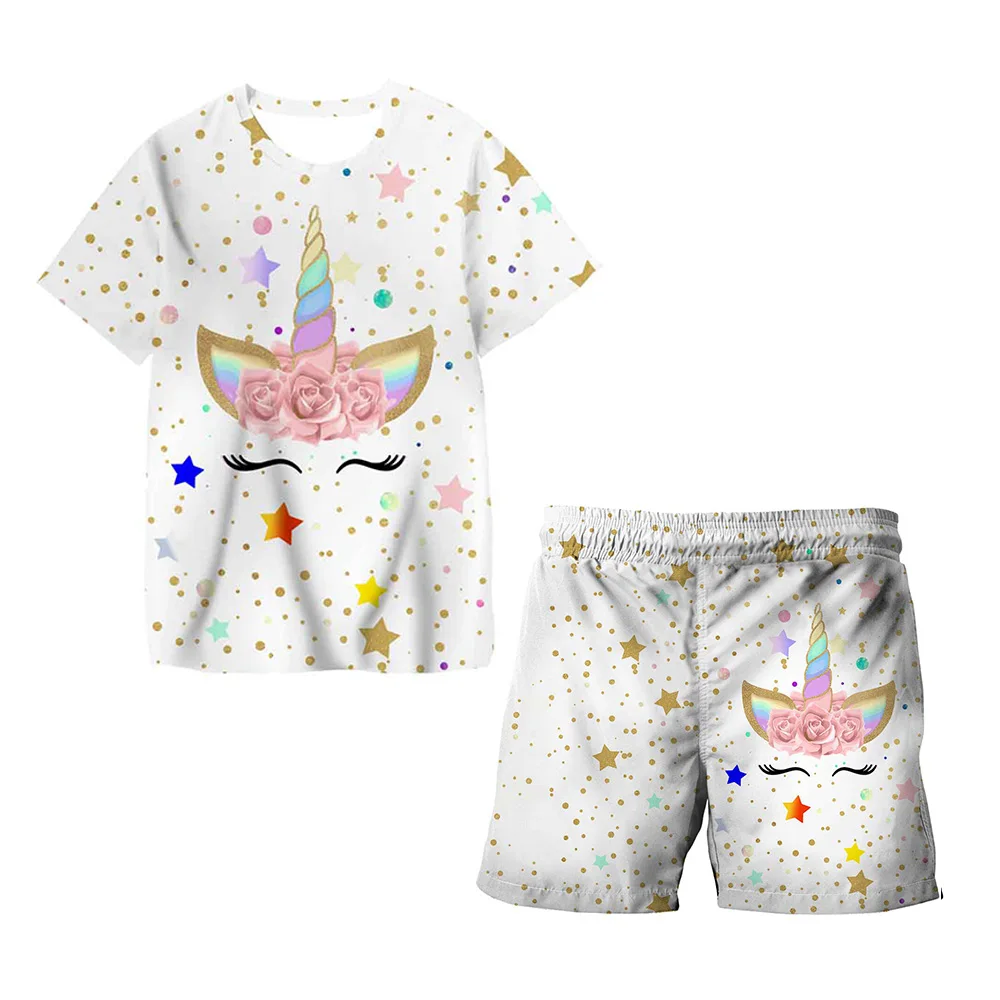 2023 Summer New Children's Unicorn Print Suit Girl T-Shirt+Shorts Fashion Cute Syle 3D Printing Children's Short-Sleeve Suit