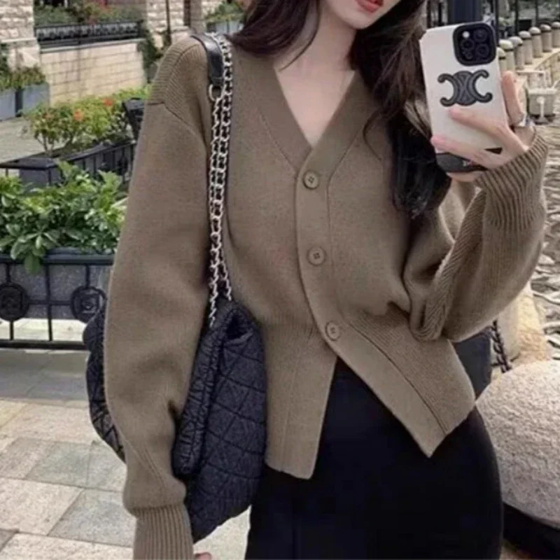 

Cardigans Women Autumn Winter French Style Solid Color V-Neck Knitted Tops Long Sleeve Sweater Coat Casual Loose Clothes 29529