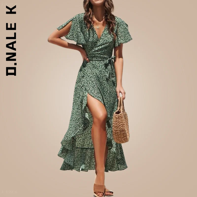 

D.Nale K Floral Print Boho Long Chiffon Dress Summer Beach Maxi Dress Women Ruffles Wrap Casual V-Neck Split Sexy Party Dress