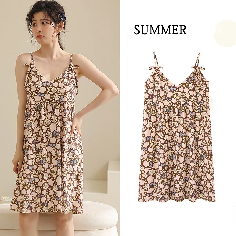 Sexy Women Nightgowns Ice Silk Nightdress Female SleepDress Floral Sleepshirt Sleepwear Sleeveless Nightwear Homewear Pajama