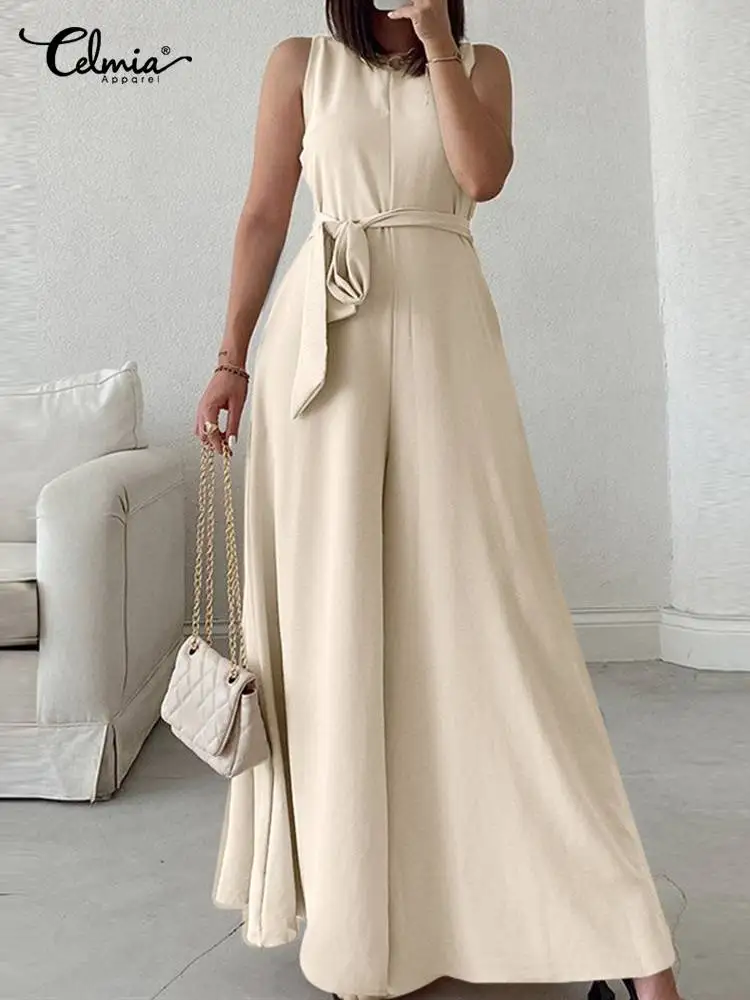 

Celmia Women Sleeveless Long Jumpsuits Elegant Wide Leg Pants Overalls Fashion Waist Bandage Playsuit 2022 Casual O Neck Legging