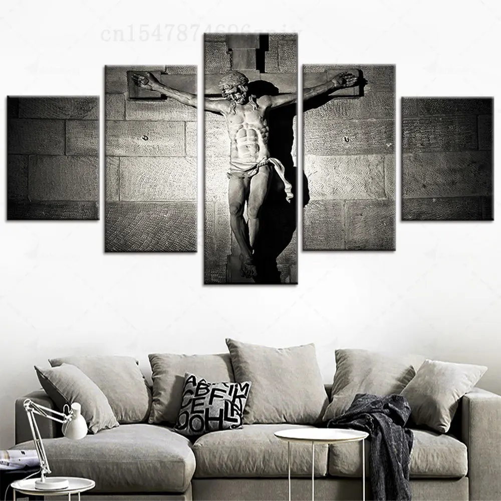 

Модульная картина «Куадрос», Современное украшение на холсте с крестом и изображением Иисуса на стене, постер с HD-печатью для домашнего декора гостиной, 5 панелей