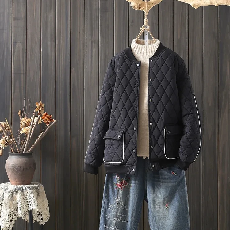 Large size padded jacket short section baseball jacket Korean version workplace warm women  zipper  Solid  Cotton