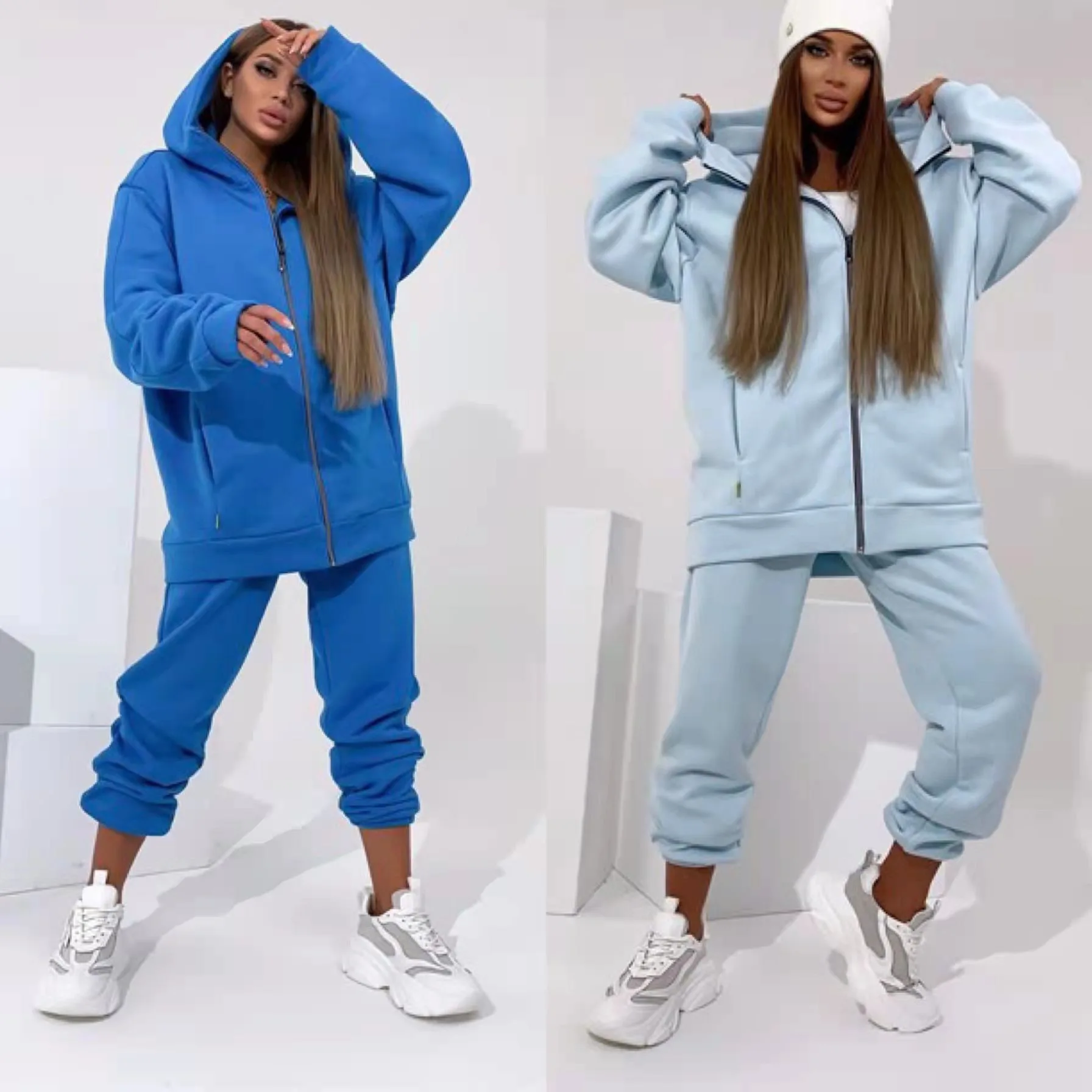 

Женский спортивный костюм из двух предметов, флисовая куртка на молнии с капюшоном и длинными рукавами, повседневный костюм + брюки