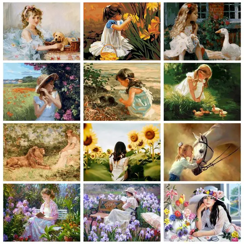 

RUOPOTY 40x50cm Painting By Numbers On Canvas Girls Flowers Animal For Adults Coloring By Numbers Handicrafts Paint Kit Artwork