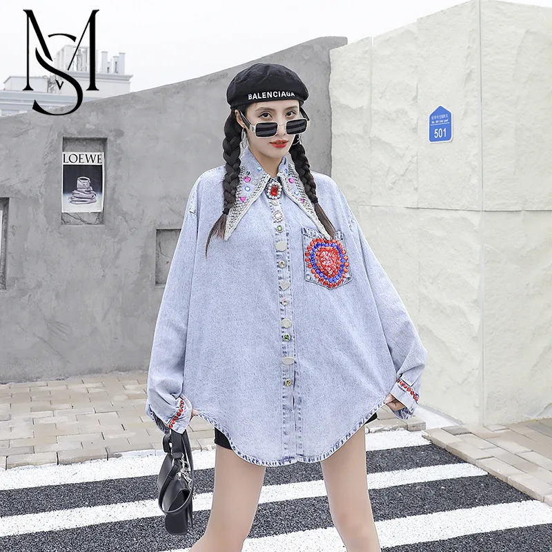 

European Station Spring New Thailand Trendy Diamond Heavy Industry Loose Denim Shirt Women's Personality Fried Street Coat Cross