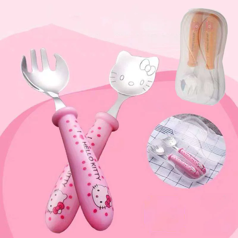 

spoon fork Set Hello Kitty Sanrio Kawaii Fork Twopiece Set Cute Stainless Steel 304 baby Plastic Cartoon Eating Spoon Anti-scald