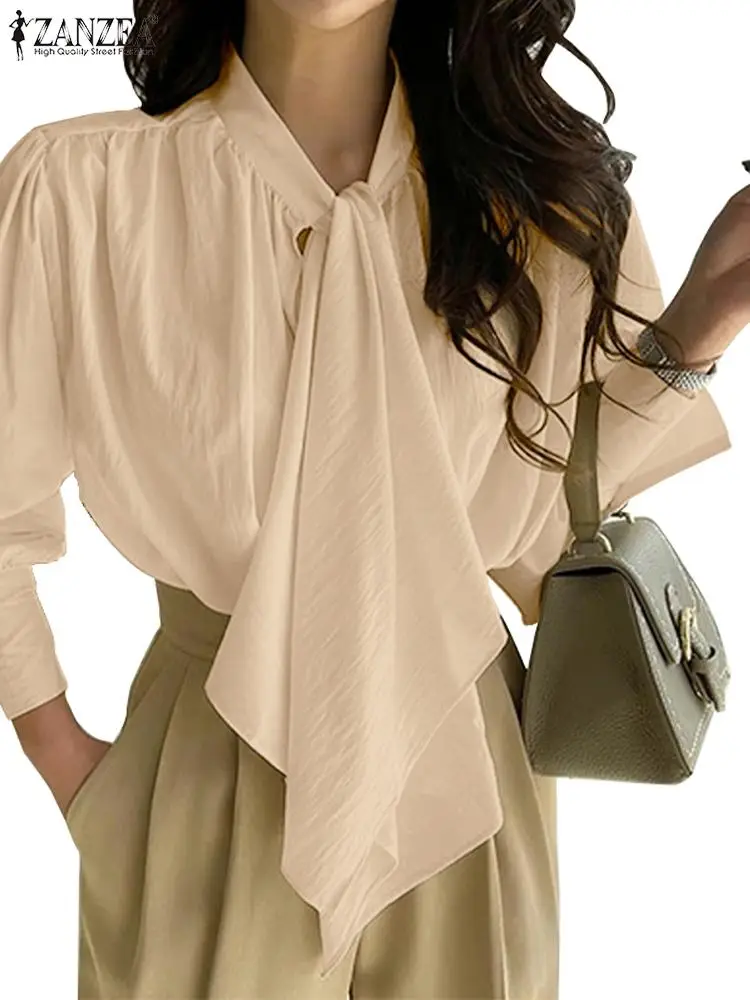 

Женская офисная блузка оверсайз ZANZEA однотонная туника с длинным рукавом женская элегантная одежда для работы с бантом Топы 2022 осенние своб...