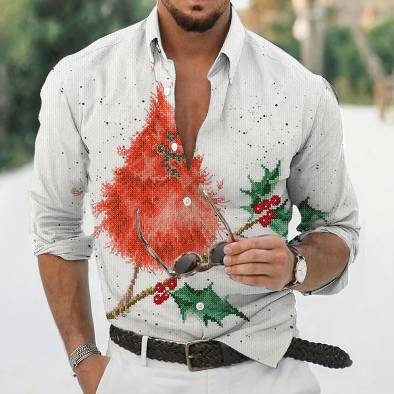 

Men's Autumn Polyester Long Sleeve Shirt Floral And Birds Print Casual Male Top Button Shirts Clothes Blouse Clothing For Men