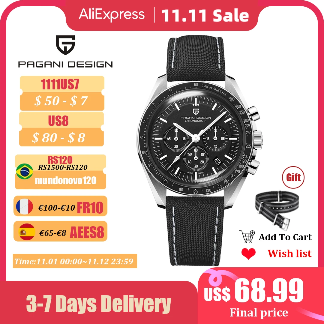 Продажа Часы PAGANI DESIGN Moon мужские многофункциональные, брендовые кварцевые спортивные с хронографом, с сапфировым стеклом и кожаным ремешком, 2022