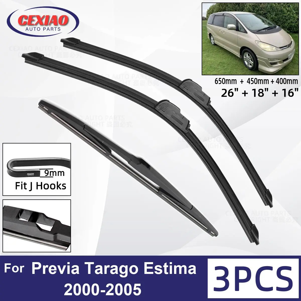 

For TOYOTA Previa Tarago Estima 2000-2005 Car Front Rear Wiper Blades Soft Rubber Windscreen Wipers Auto Windshield 26"+18"+16"