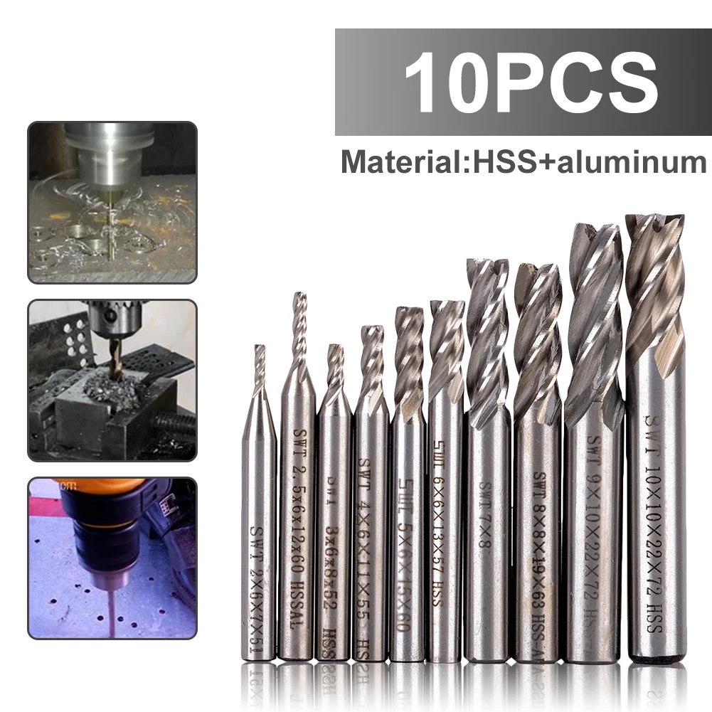 

10 PCS/Set 2-10 MM HSS 4 Flute Super Tough Straight Shank Milling Cutter Router Bit CNC Milling Drill Bit