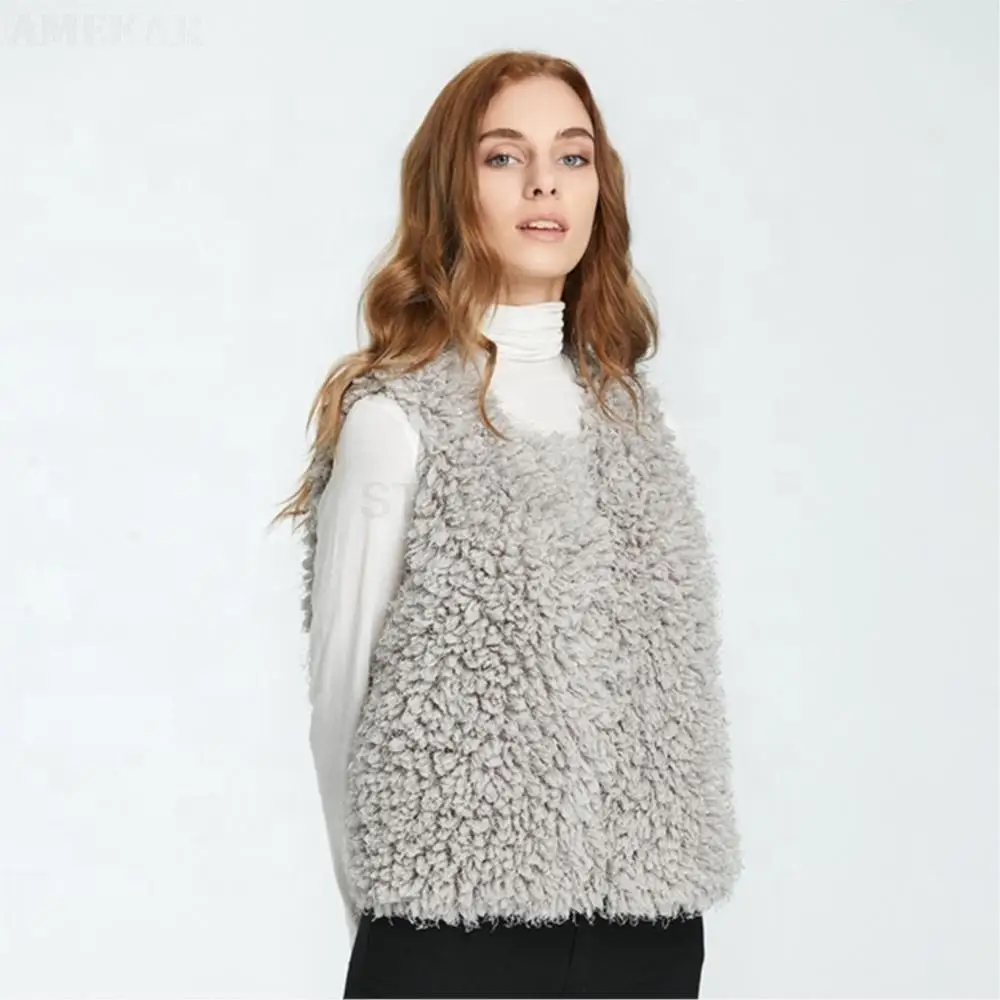 Women Real Fur Lined Shaggy Vest Pure Color Warmth Sleeveless Plus Size Coat Winter Leisure Zipper Real Fur Coats