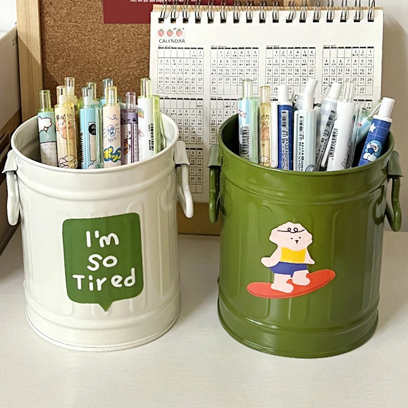 

Kawaii Retro Desktop Pen Holder Metal Iron Pencil Makeup Brush Storage Container Box Iron Bucket Office Stationery Organizer