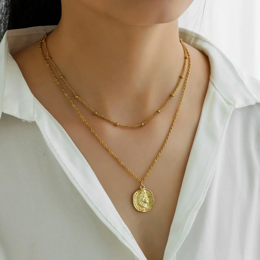 

Fashion Trend Personality Golden Portrait Letter Lettering Coin Pendant Double-layer Stainless Steel Necklace Women's Jewelry