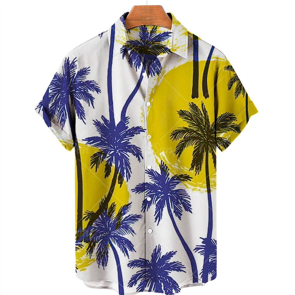 

Men Women Coconut Tree Print Hawaiian Shirts Summer Fashion Casual Loose Linen Short Sleeve Beach Tops