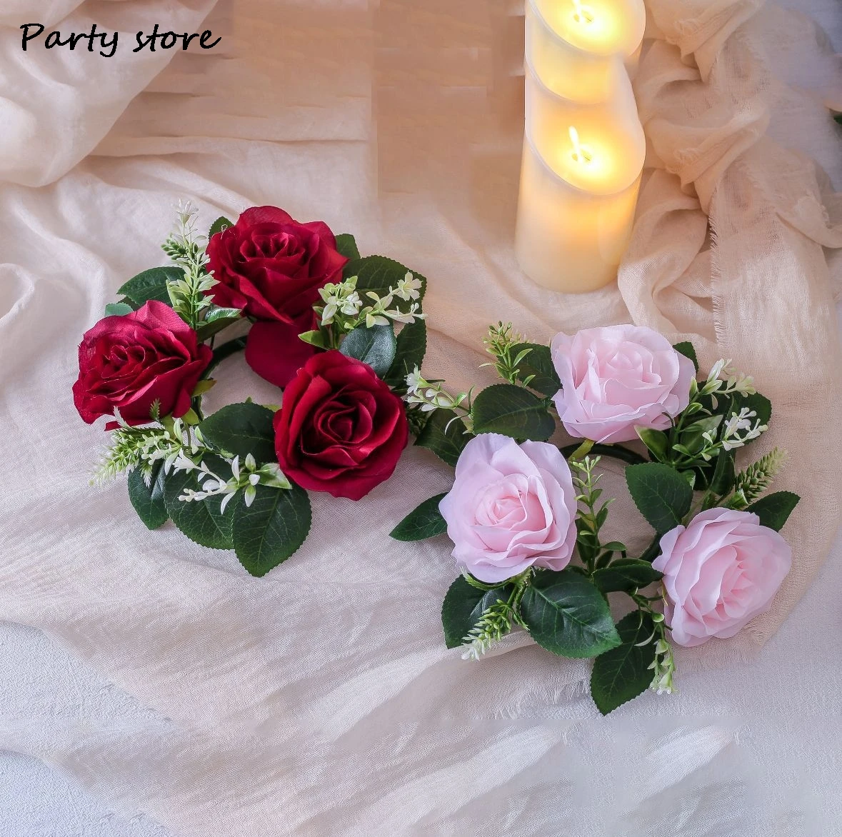 Świecznik bożonarodzeniowy wieniec z różami dekoracja sztuczny kwiat girlanda świecznik wesele wystrój noworoczny ozdoba świąteczna