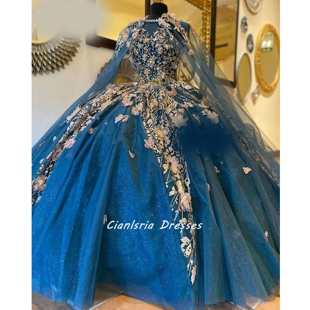 

Blue 3D Flowers Crystal Ball Gown Quinceanera Dresses With Cape Floral Appliques Lace Corset Sweet 15 Girls Party