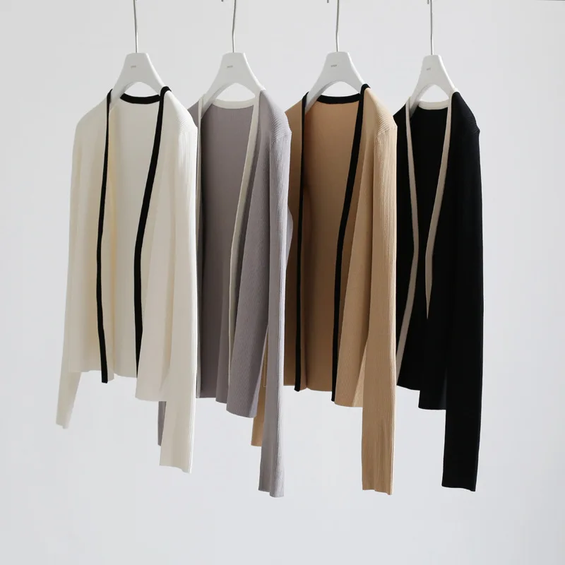 

Весенний высококачественный контрастный трикотажный Свитшот без воротника кардиган в стиле пригородного стиля Модное пальто с длинным рукавом