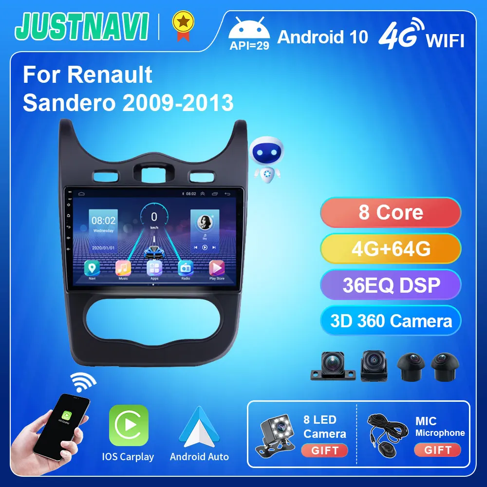 JUSTNAVI QT5 1280*720P Android 10 0 автомобильный радиоприемник для Renault Sandero 2009 - 2013 NAVI HD 4G 64G IPS