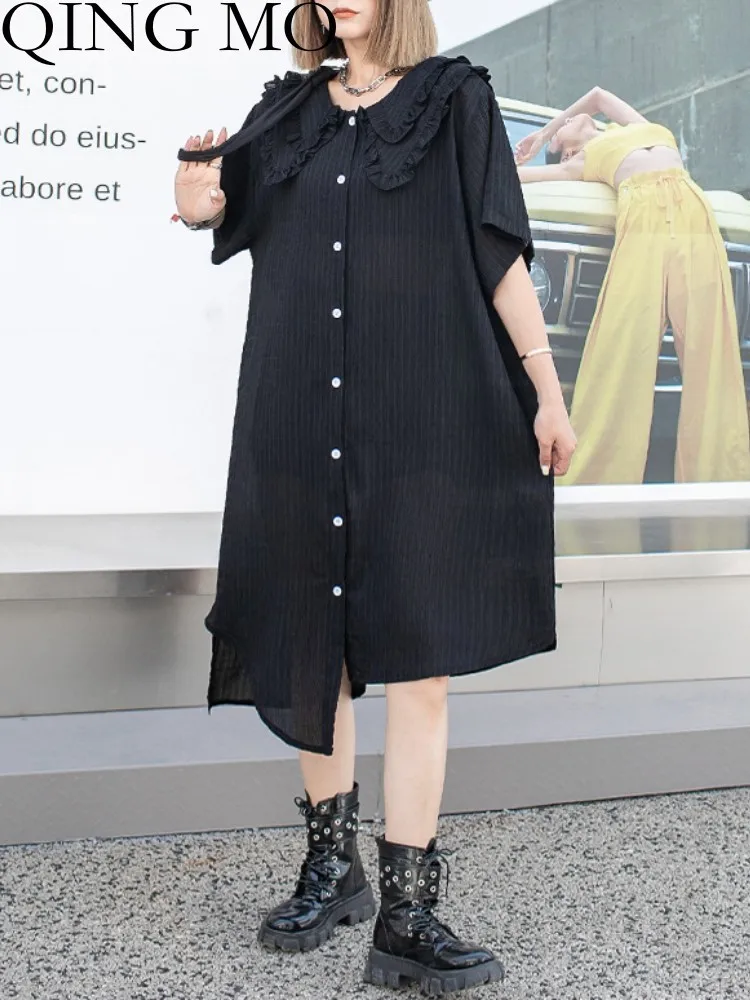 QING MO Dark Wind Double Navy Neck Vertical Stripe Dress Women 2023 Summer New Thin Loose Personalized A-line Dress ZXF3147