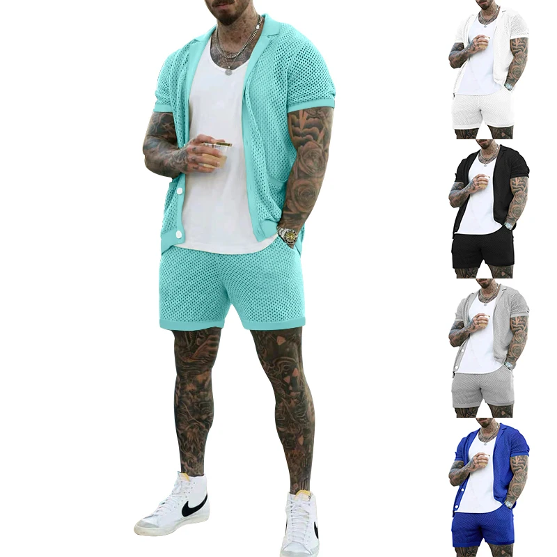 New Men's Suit 3D Color Stitching Print Summer Short Sleeve Polo Shirt Shorts Suit Fashion Zipper Polo Shirt Two Piece Set