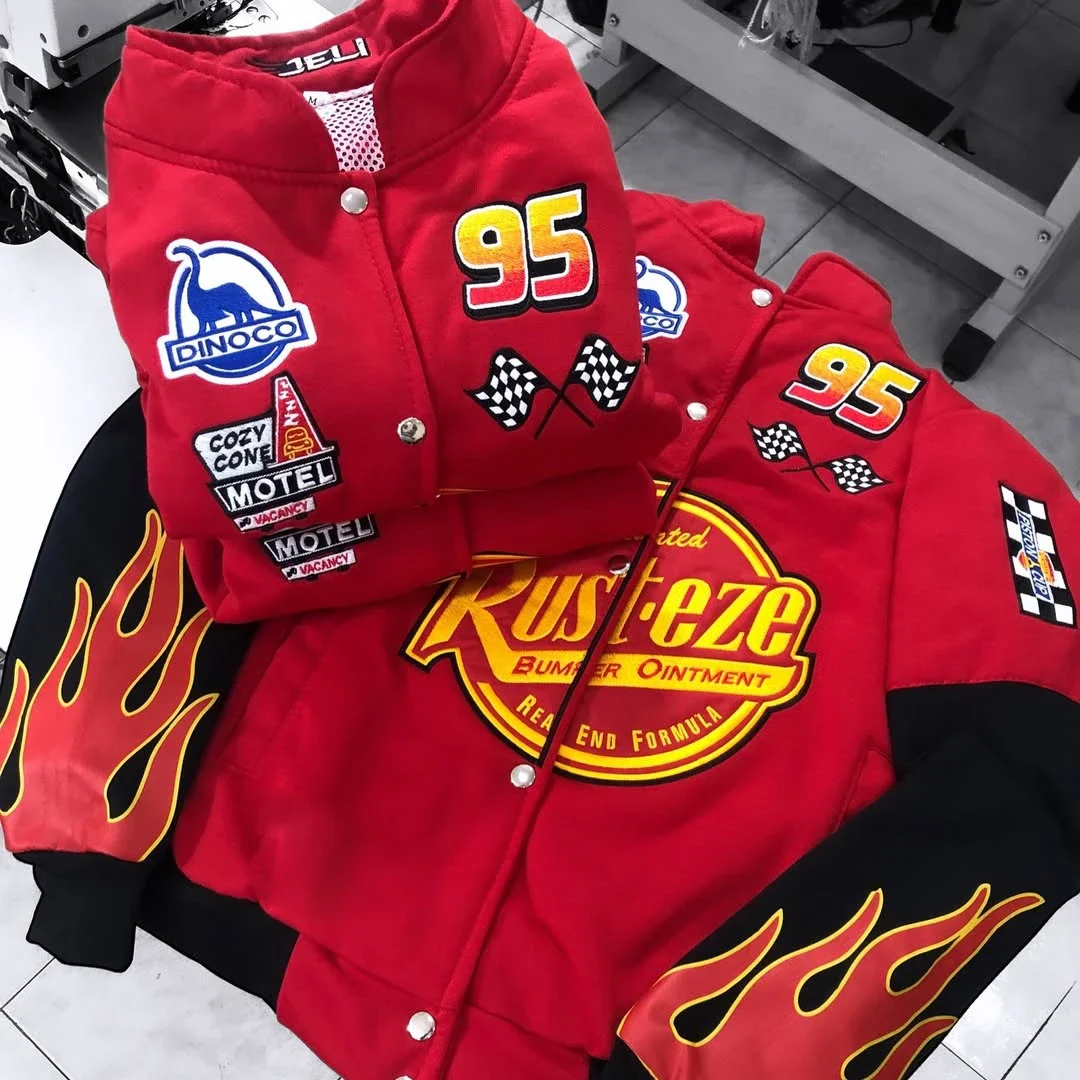 Фото Куртка-бомбер Y2K Red Flame Lightning Mai 95 Racing Pilot унисекс с ретро-принтом Rusteze, мотоциклетная, в стиле хип-хоп, уличная №3
