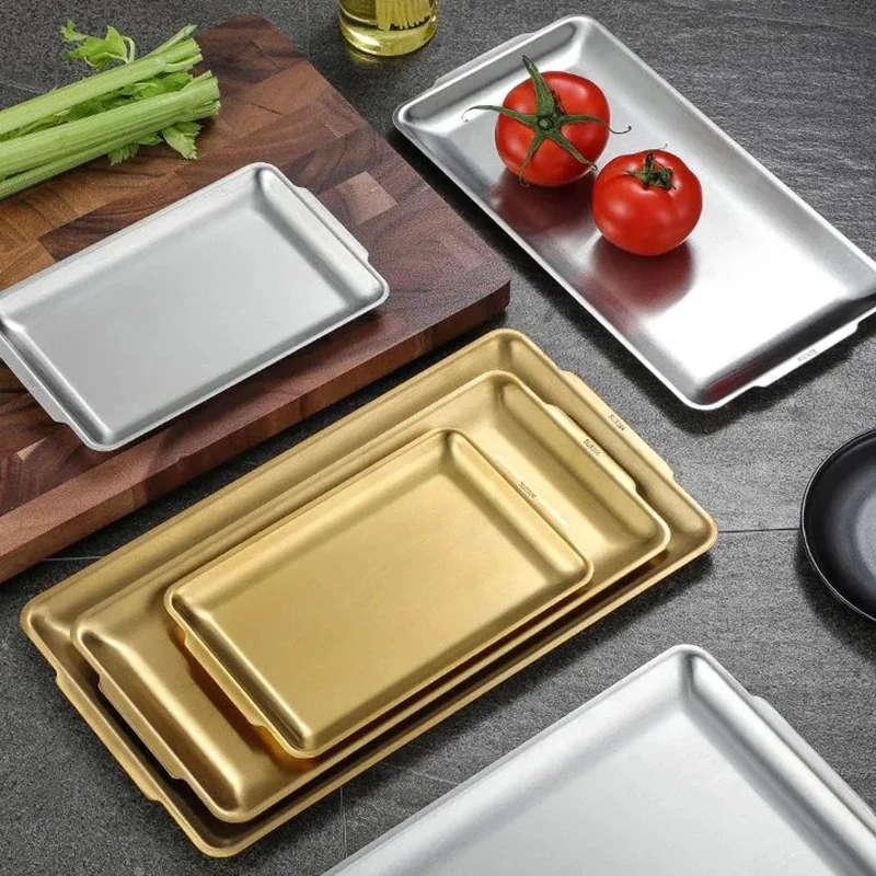 

SUS304 Stainless Steel Gold Dinner Plate Thickened Dish Skewers Seafood Plates Rectangular Large Flat Storage Tray