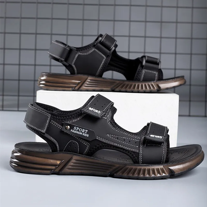 

New Leather Sandals Men's Outdoor Sports Casual Waterproof Non-slip Flat Beach Shoes Pu Cushion Elevated Men's Driving Sandals