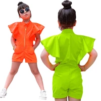 new summer jumpsuit girls casual fly sleeve ruffles rompers toddler solid zipper streetwear playsuit kids party overalls clothes