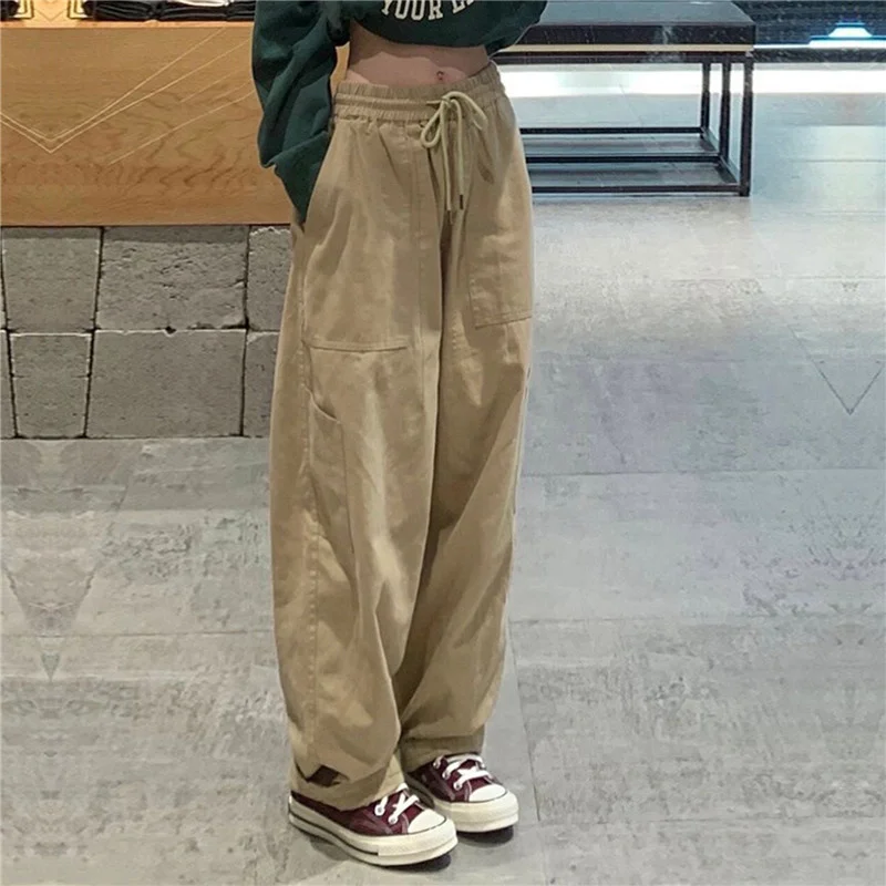

2023 Women Vintage Cargo Pants New Harajuku Hip-Hop Solid Color Wide Leg Pants Streetwear Female Casual Drawstring Baggy Pants