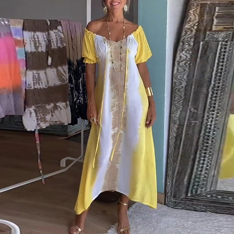 

Women Casual Off Shoulder Tie-dye Long Dress Elegant V Neck Ruffles Short Sleeve Party Dress Fashion Holiday Loose Beach Dresses