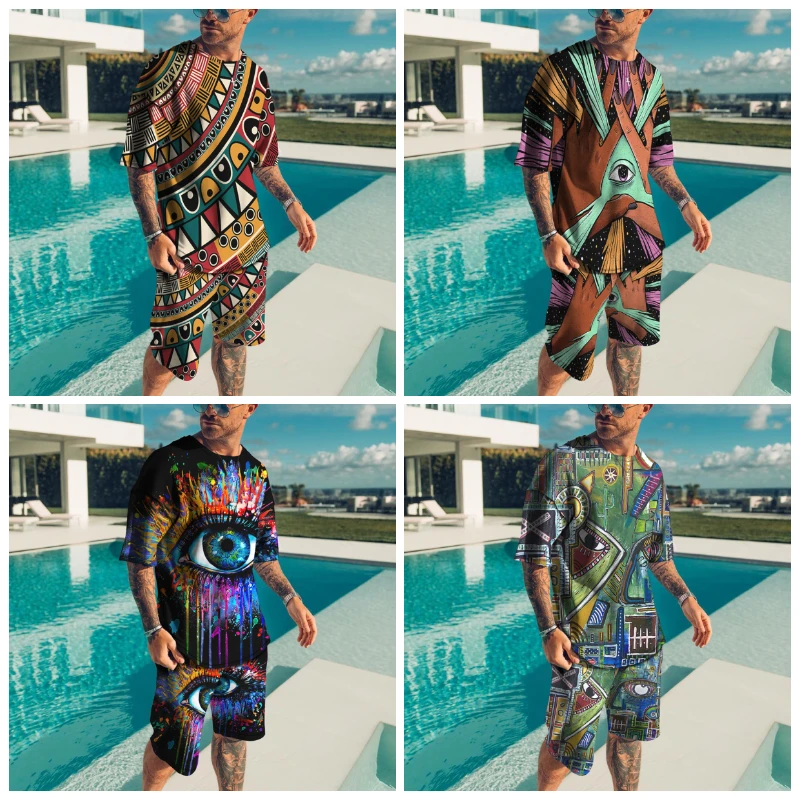 

2022 New Summer Set for Men 3D Printing Crew Neck Short SleeveSuit OversizedTracksuit Men T shirt 2 Piece set XXS-6XL man set