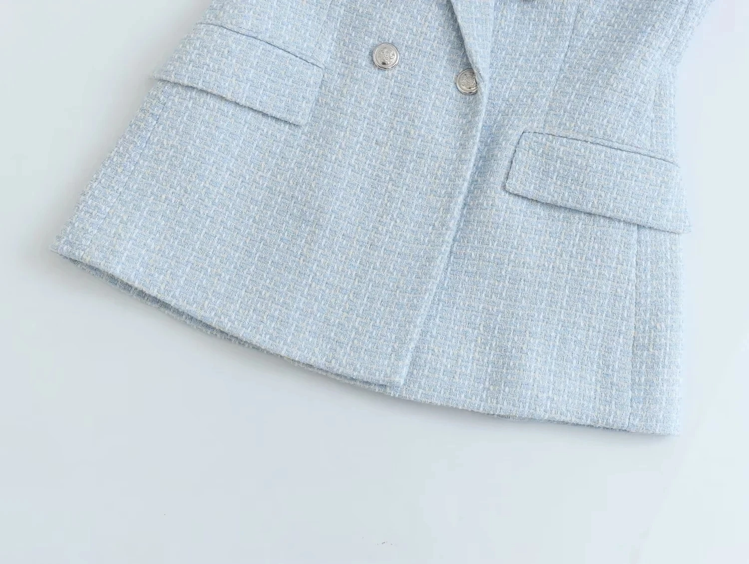 Maxdutti Enlgand Style Sky Blue Jacket Woolen Texture Fahsion Double Breasted Casual Blazers Women