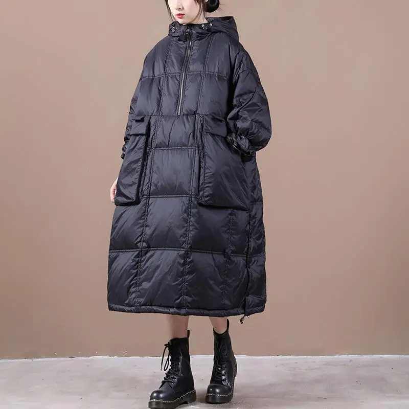 

Корейская длинная свободная стеганая куртка с капюшоном, Женская Стеганая куртка, зимний теплый пуловер, куртка на молнии с карманами, пуловер, куртка